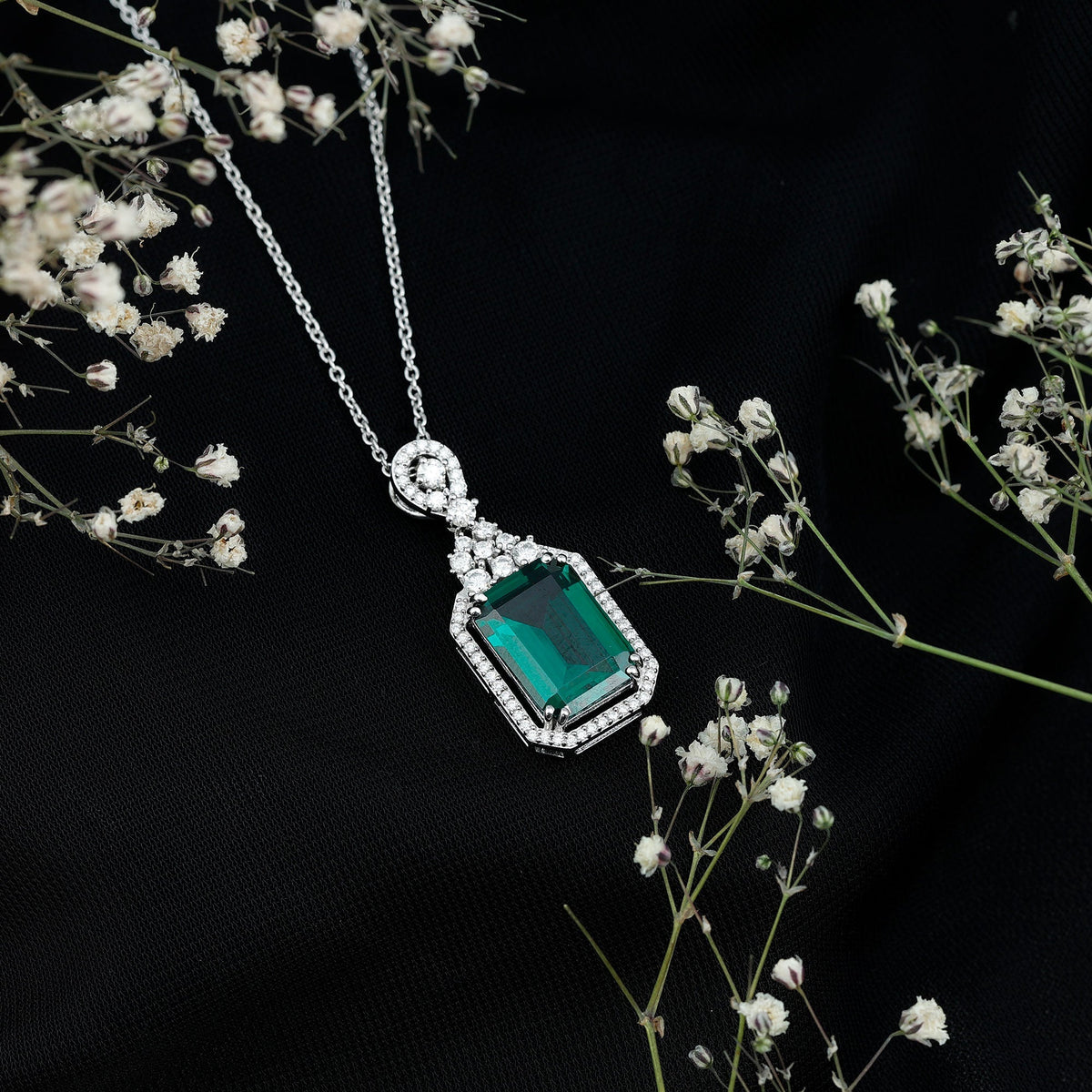 Lab Grown Emerald Necklace | 14k White Gold Plated Vintage Pendant with Moissanite Accents