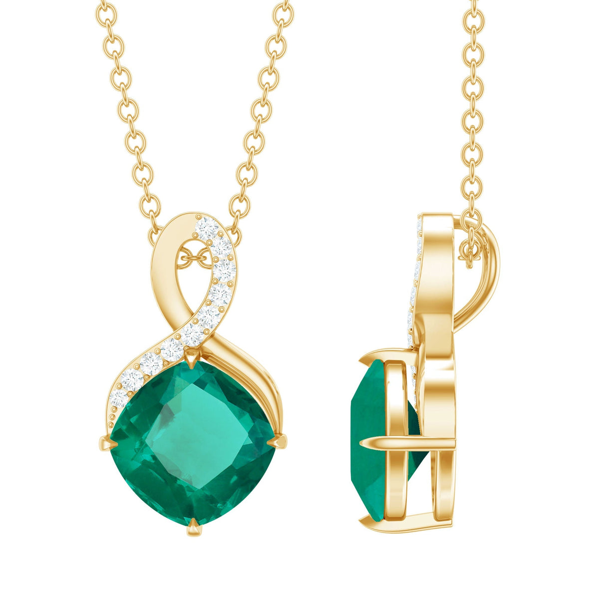 Lab Grown Emerald Necklace – 2 Carat Cushion Cut Emerald Pendant With Diamond Infinity
