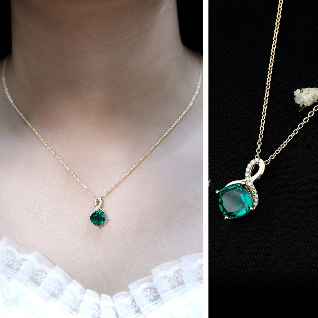 Lab Grown Emerald Necklace – 2 Carat Cushion Cut Emerald Pendant With Diamond Infinity