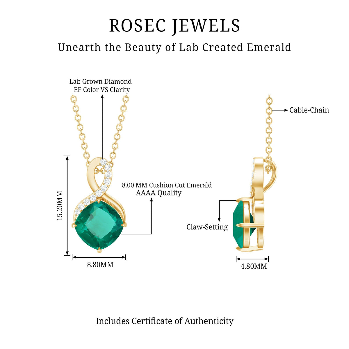 Lab Grown Emerald Necklace – 2 Carat Cushion Cut Emerald Pendant With Diamond Infinity