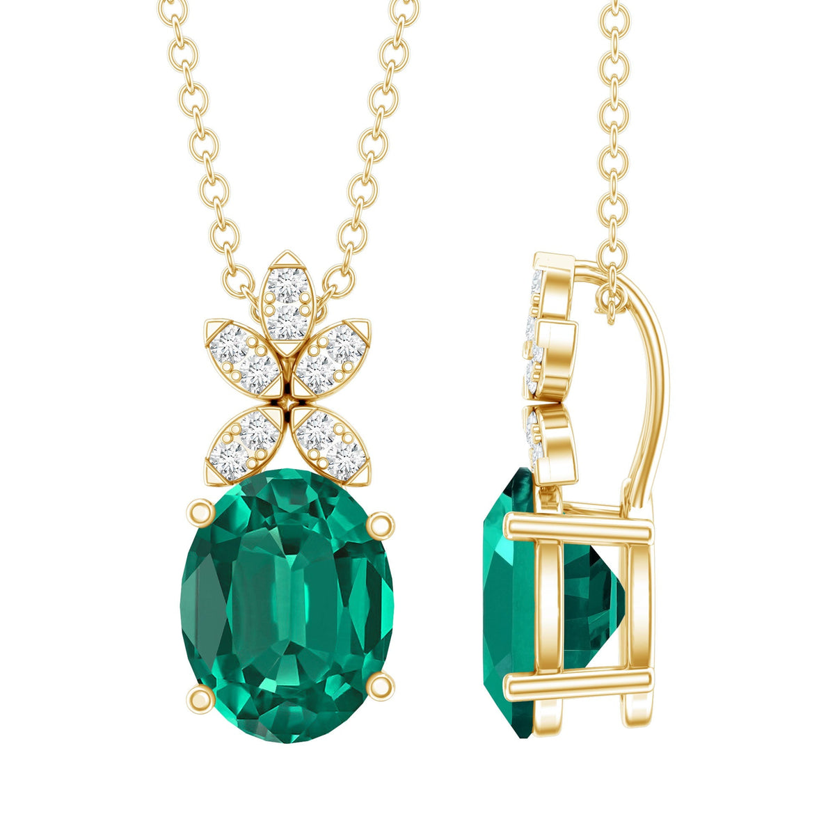 Lab Grown Emerald Necklace – 2 Carat Oval Cut Wedding Pendant with Diamond Flower