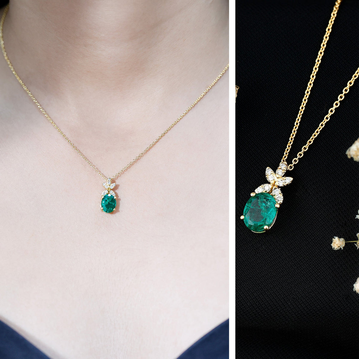 Lab Grown Emerald Necklace – 2 Carat Oval Cut Wedding Pendant with Diamond Flower