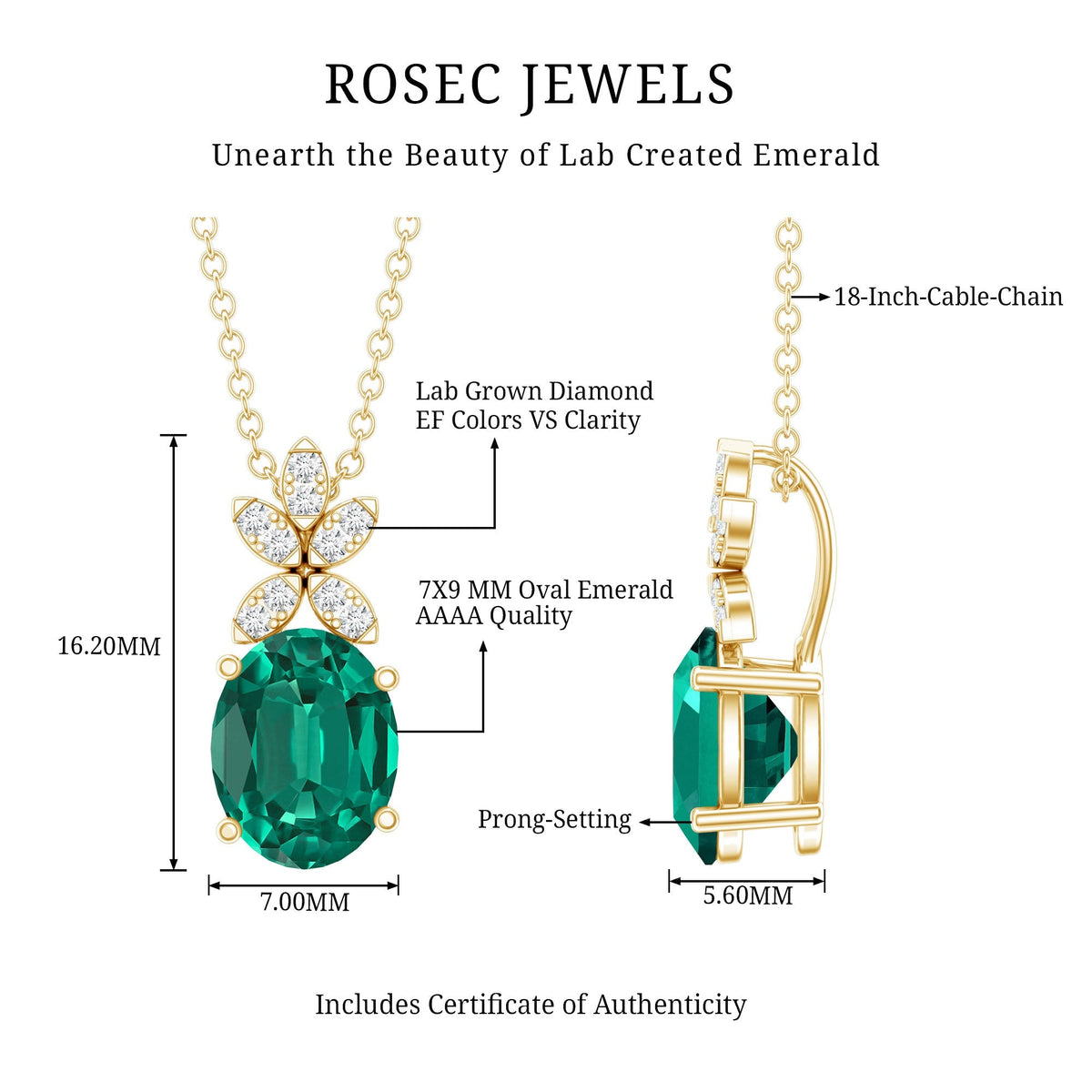 Lab Grown Emerald Necklace – 2 Carat Oval Cut Wedding Pendant with Diamond Flower