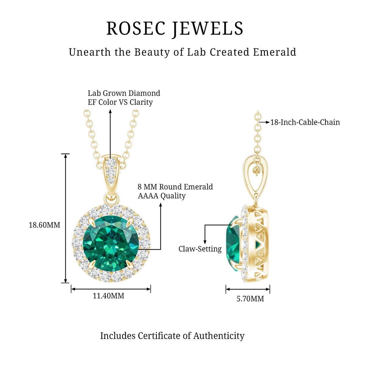 Lab Grown Emerald Necklace – 2 Carat Round Cut Emerald Diamond Halo Pendant
