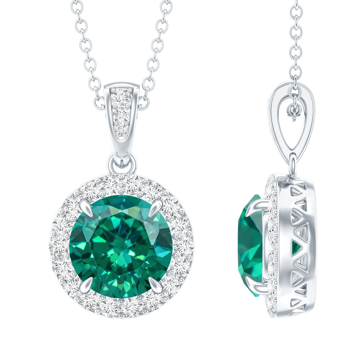 Lab Grown Emerald Necklace – 2 Carat Round Cut Emerald Diamond Halo Pendant