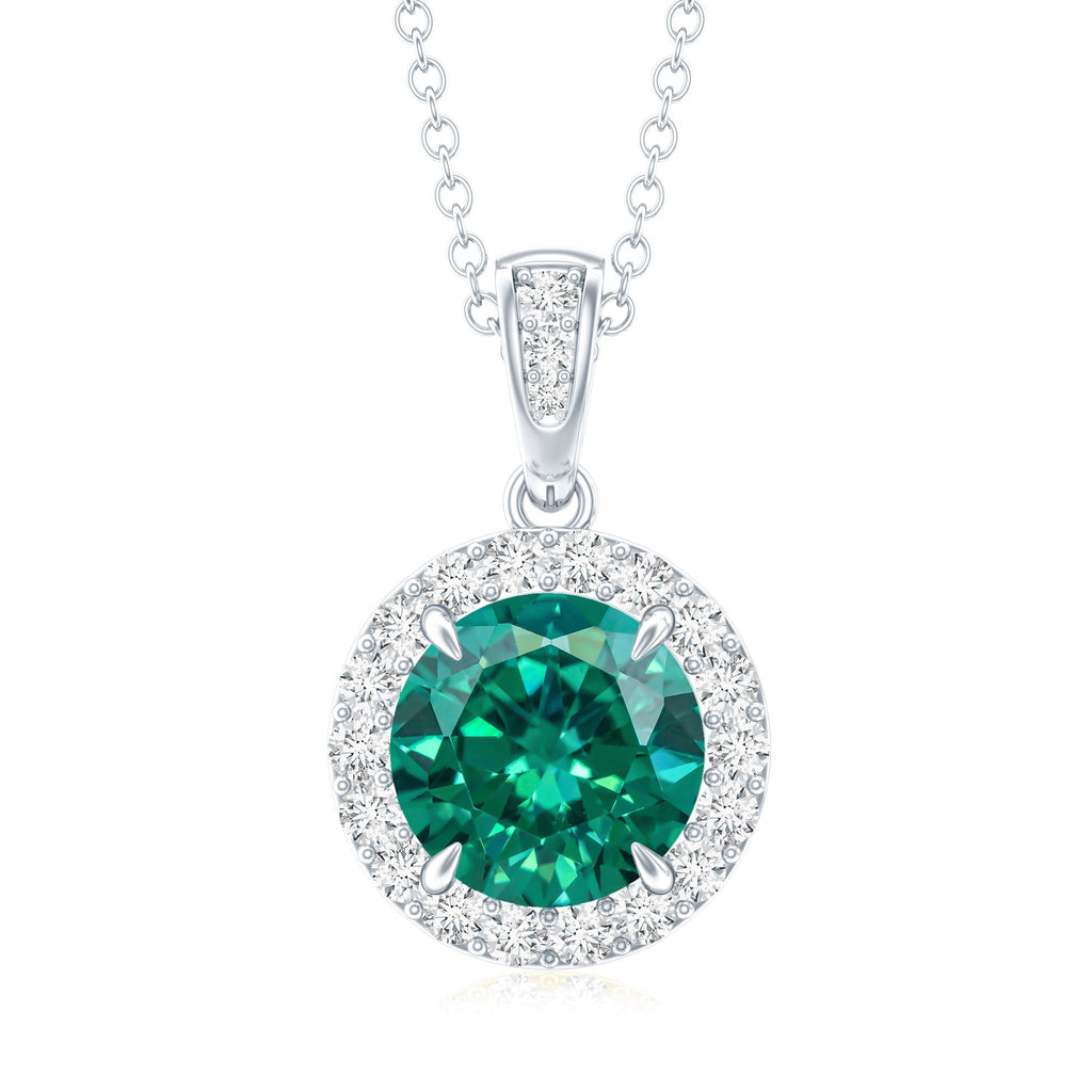 Lab Grown Emerald Necklace – 2 Carat Round Cut Emerald Diamond Halo Pendant