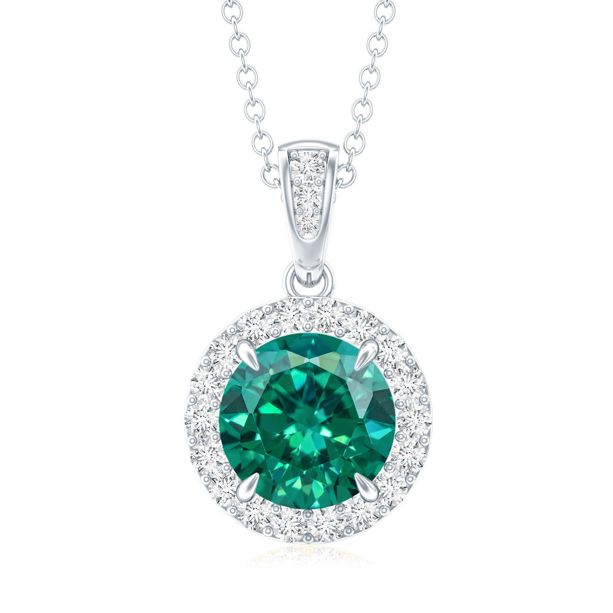 Lab Grown Emerald Necklace – 2 Carat Round Cut Emerald Diamond Halo Pendant