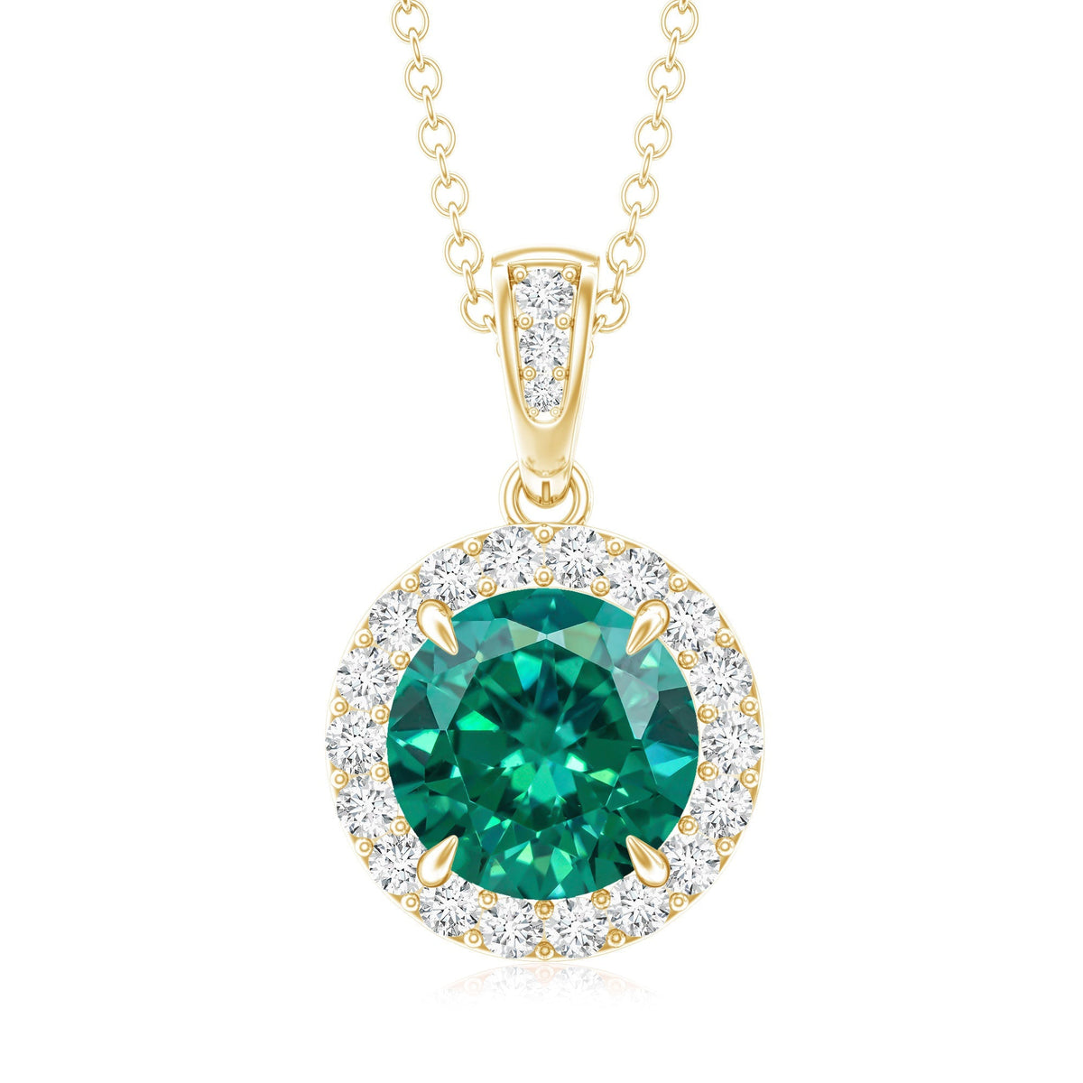 Lab Grown Emerald Necklace – 2 Carat Round Cut Emerald Diamond Halo Pendant