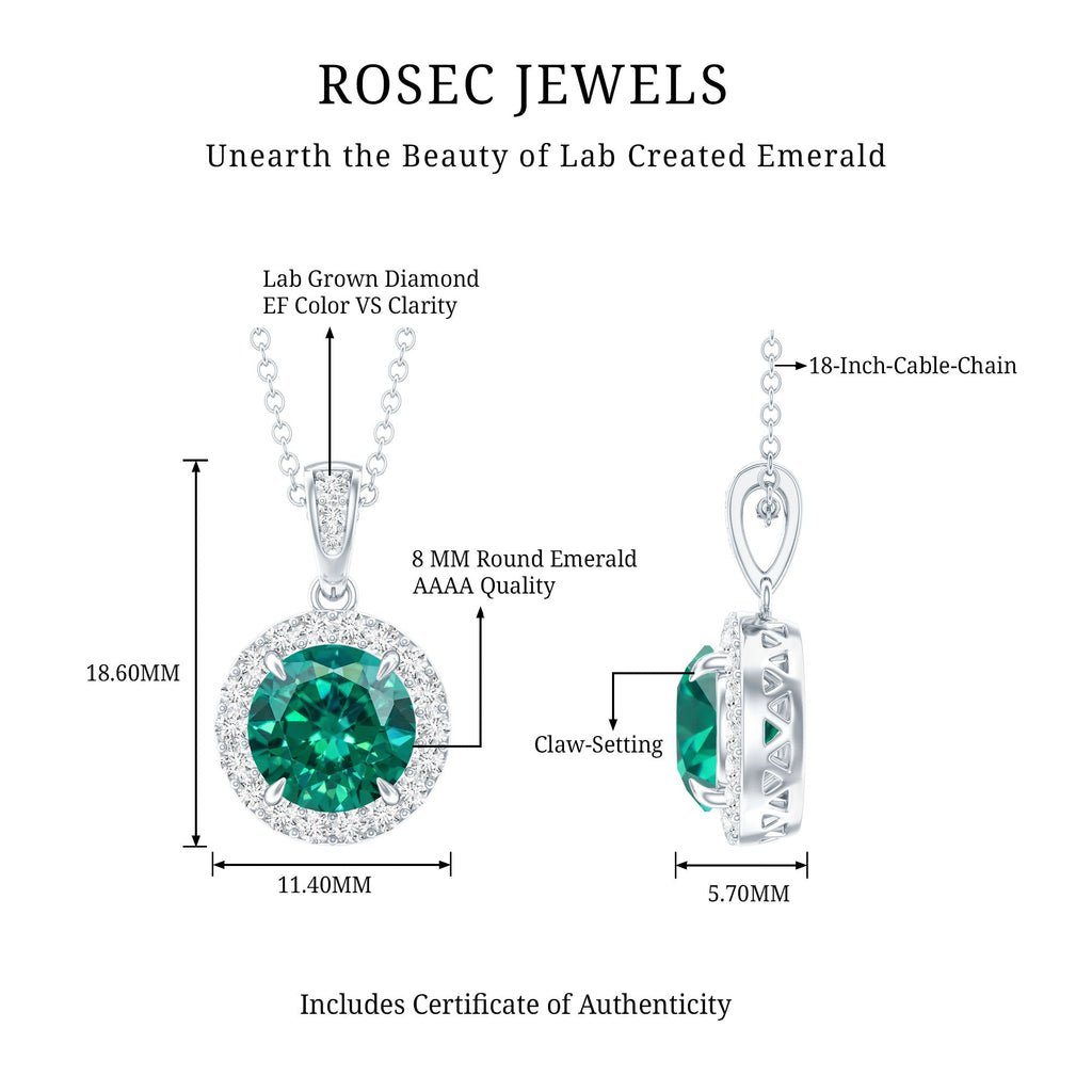 Lab Grown Emerald Necklace – 2 Carat Round Cut Emerald Diamond Halo Pendant
