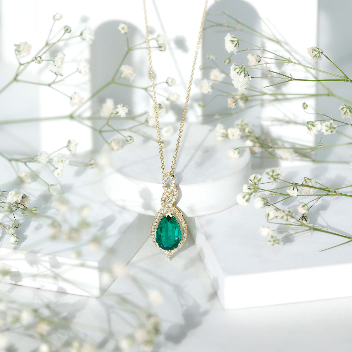 Lab Grown Emerald Necklace - 2.5 Carat Pear Shaped Pendant With Diamond Halo