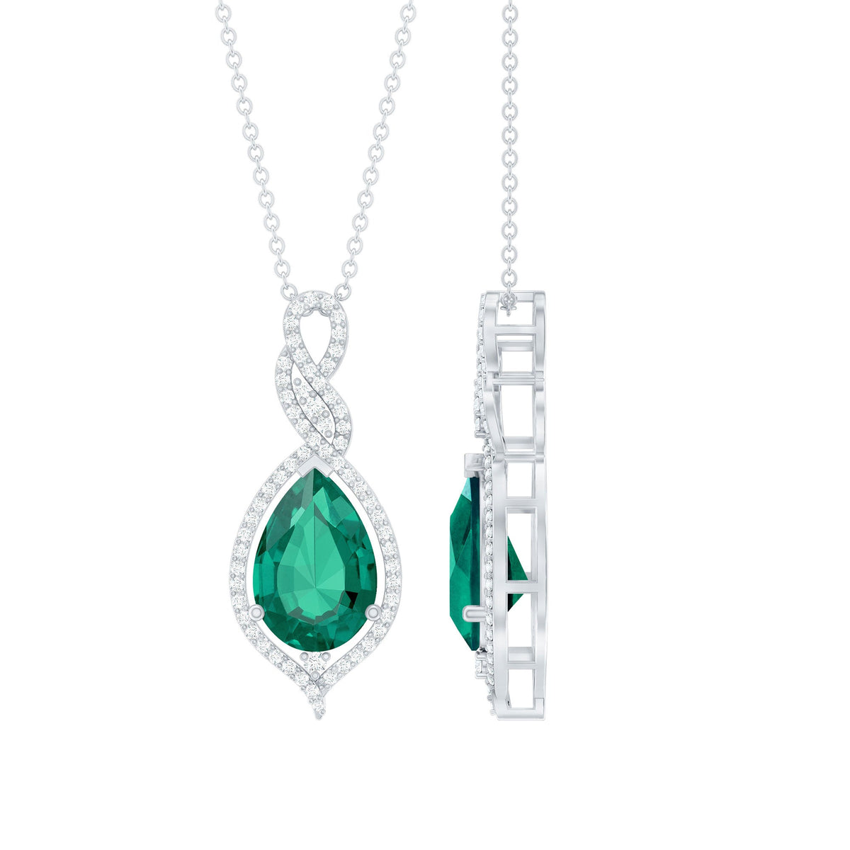 Lab Grown Emerald Necklace - 2.5 Carat Pear Shaped Pendant With Diamond Halo