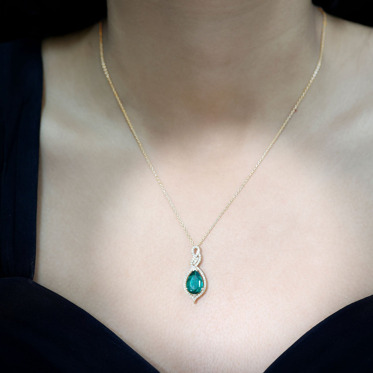 Lab Grown Emerald Necklace - 2.5 Carat Pear Shaped Pendant With Diamond Halo