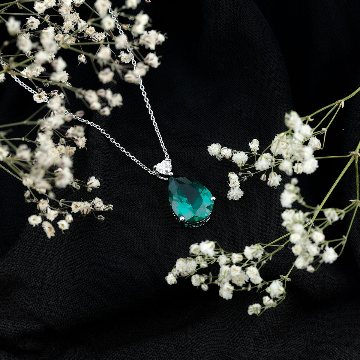 Lab Grown Emerald Necklace – 9 Carat Pear Shape Pendant with Moissanite Heart Charm