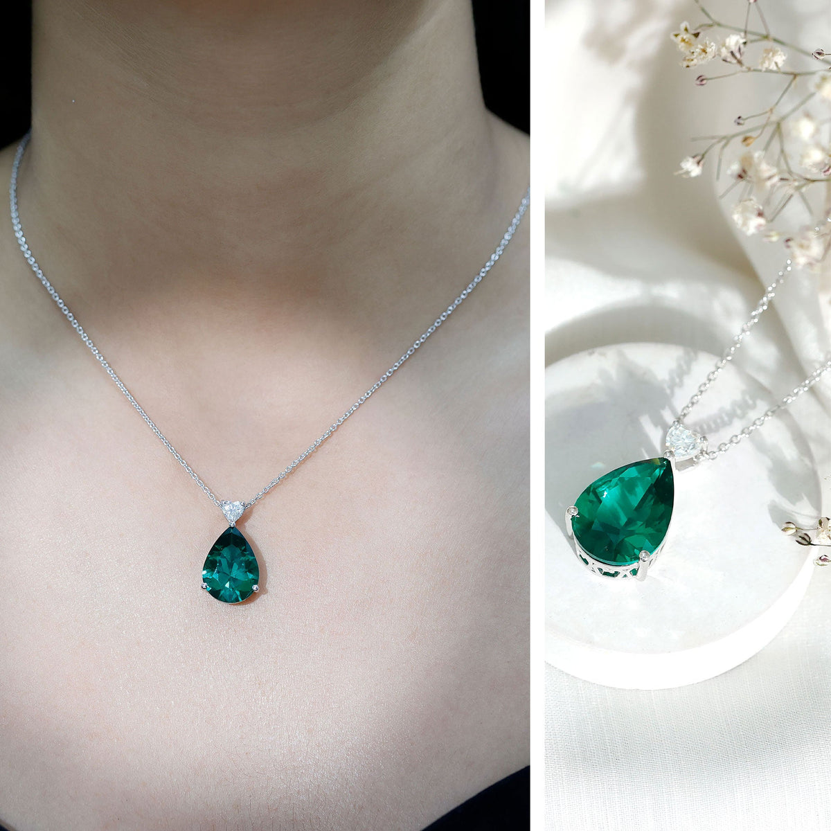 Lab Grown Emerald Necklace – 9 Carat Pear Shape Pendant with Moissanite Heart Charm