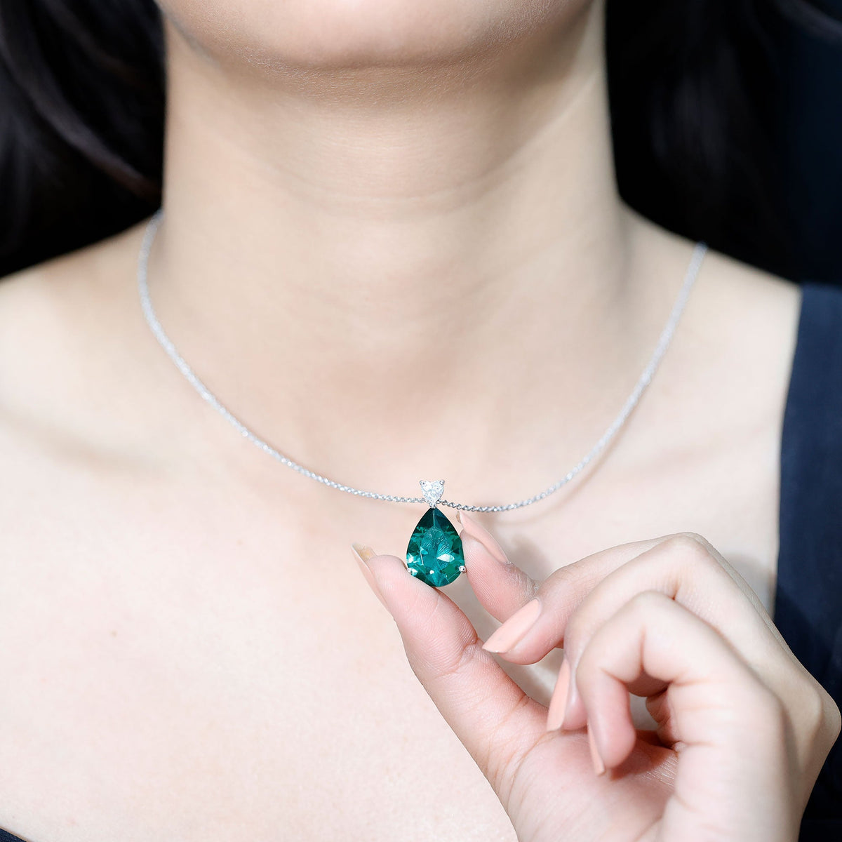Lab Grown Emerald Necklace – 9 Carat Pear Shape Pendant with Moissanite Heart Charm