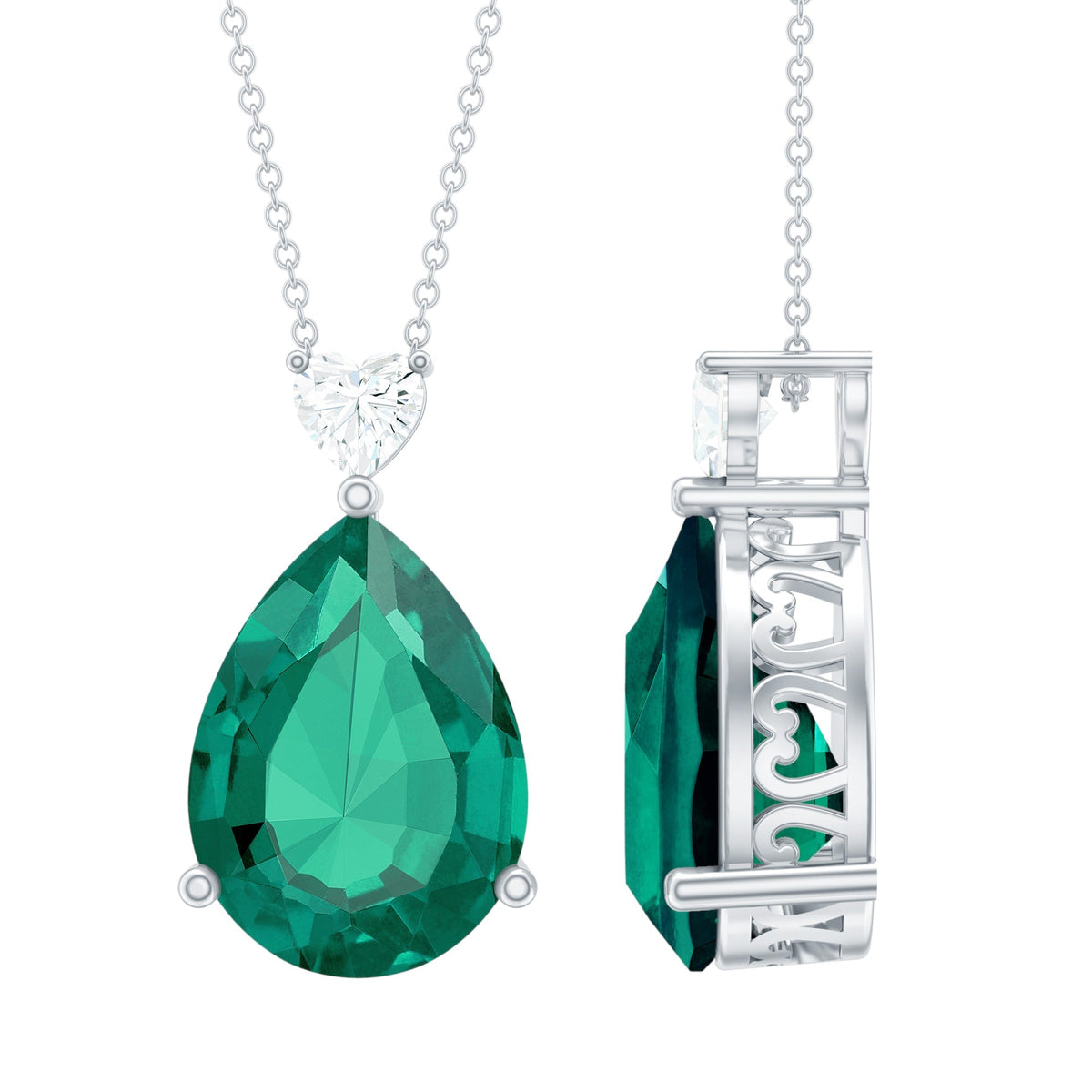 Lab Grown Emerald Necklace – 9 Carat Pear Shape Pendant with Moissanite Heart Charm