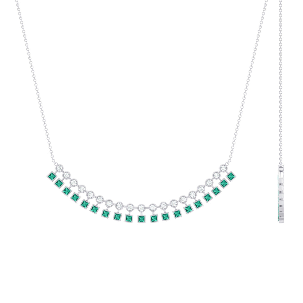 Lab Grown Emerald Necklace | Curved Bar Bridal Necklace with Princess Cut Emeralds & Moissanite