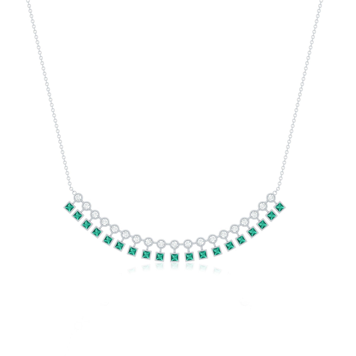 Lab Grown Emerald Necklace | Curved Bar Bridal Necklace with Princess Cut Emeralds & Moissanite