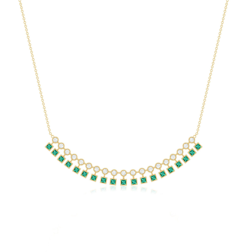 Lab Grown Emerald Necklace | Curved Bar Bridal Necklace with Princess Cut Emeralds & Moissanite