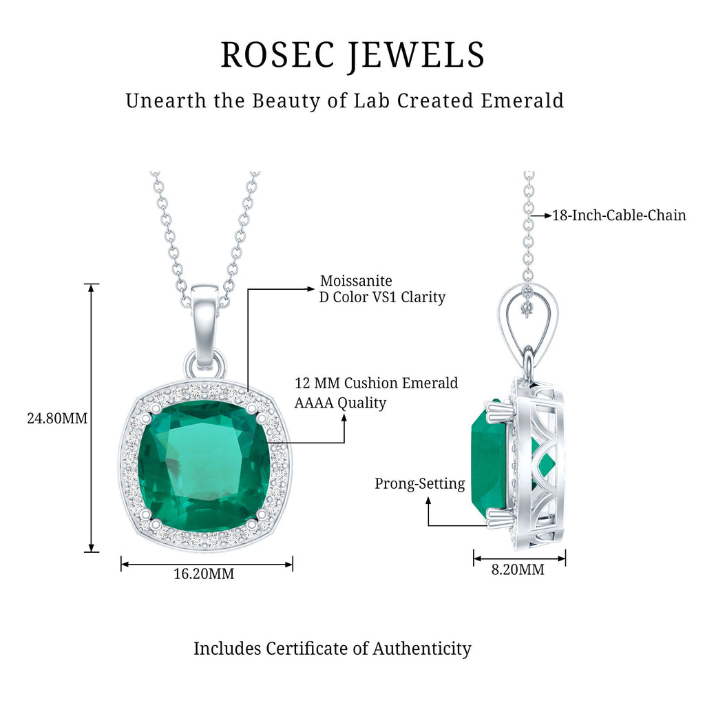 Lab Grown Emerald Necklace – Cushion Cut Pendant with Moissanite Halo in White Gold