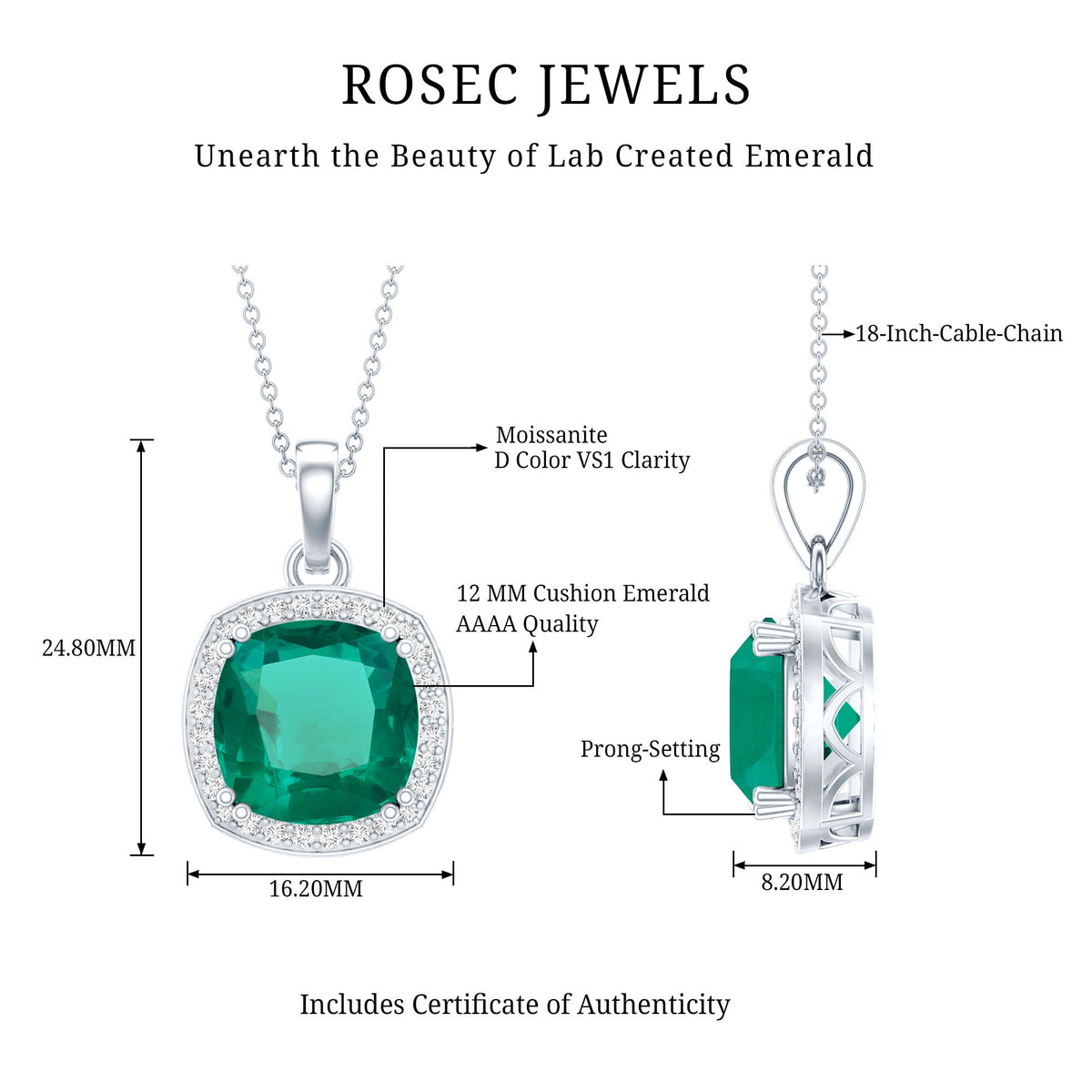 Lab Grown Emerald Necklace – Cushion Cut Pendant with Moissanite Halo in White Gold