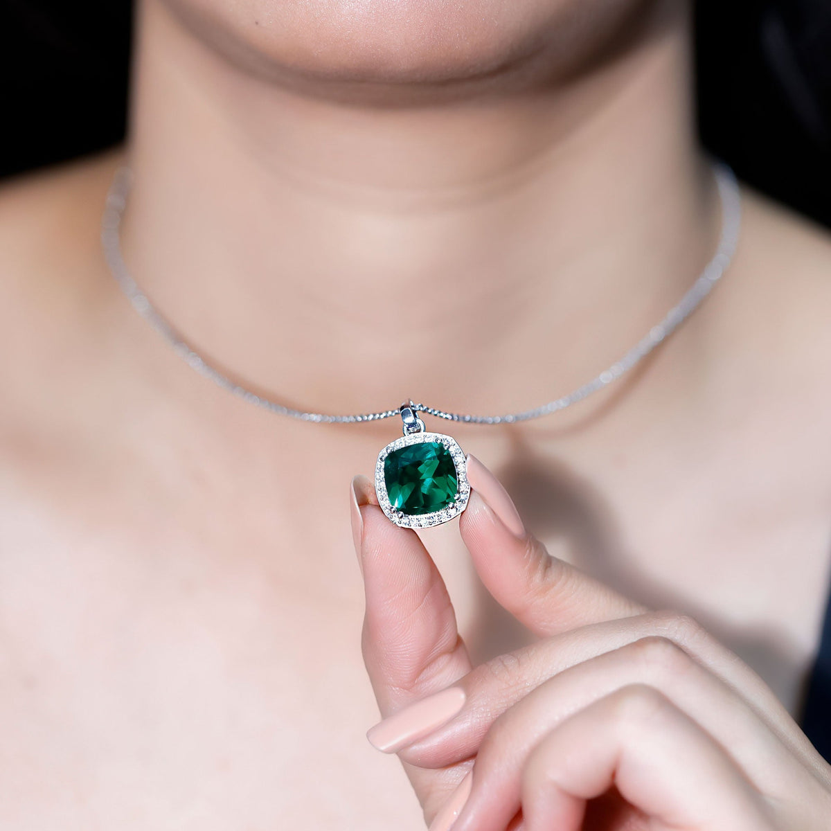 Lab Grown Emerald Necklace – Cushion Cut Pendant with Moissanite Halo in White Gold