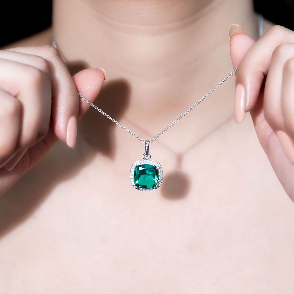 Lab Grown Emerald Necklace – Cushion Cut Pendant with Moissanite Halo in White Gold
