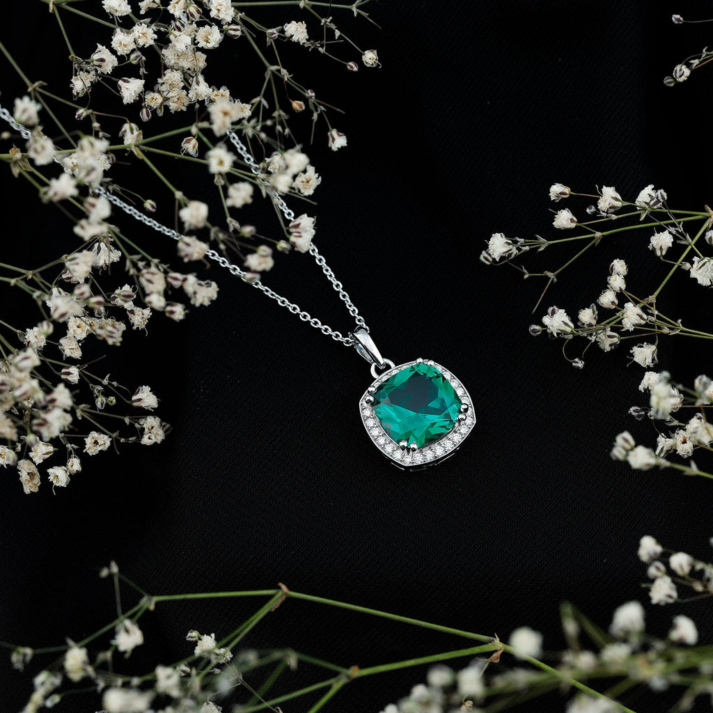 Lab Grown Emerald Necklace – Cushion Cut Pendant with Moissanite Halo in White Gold