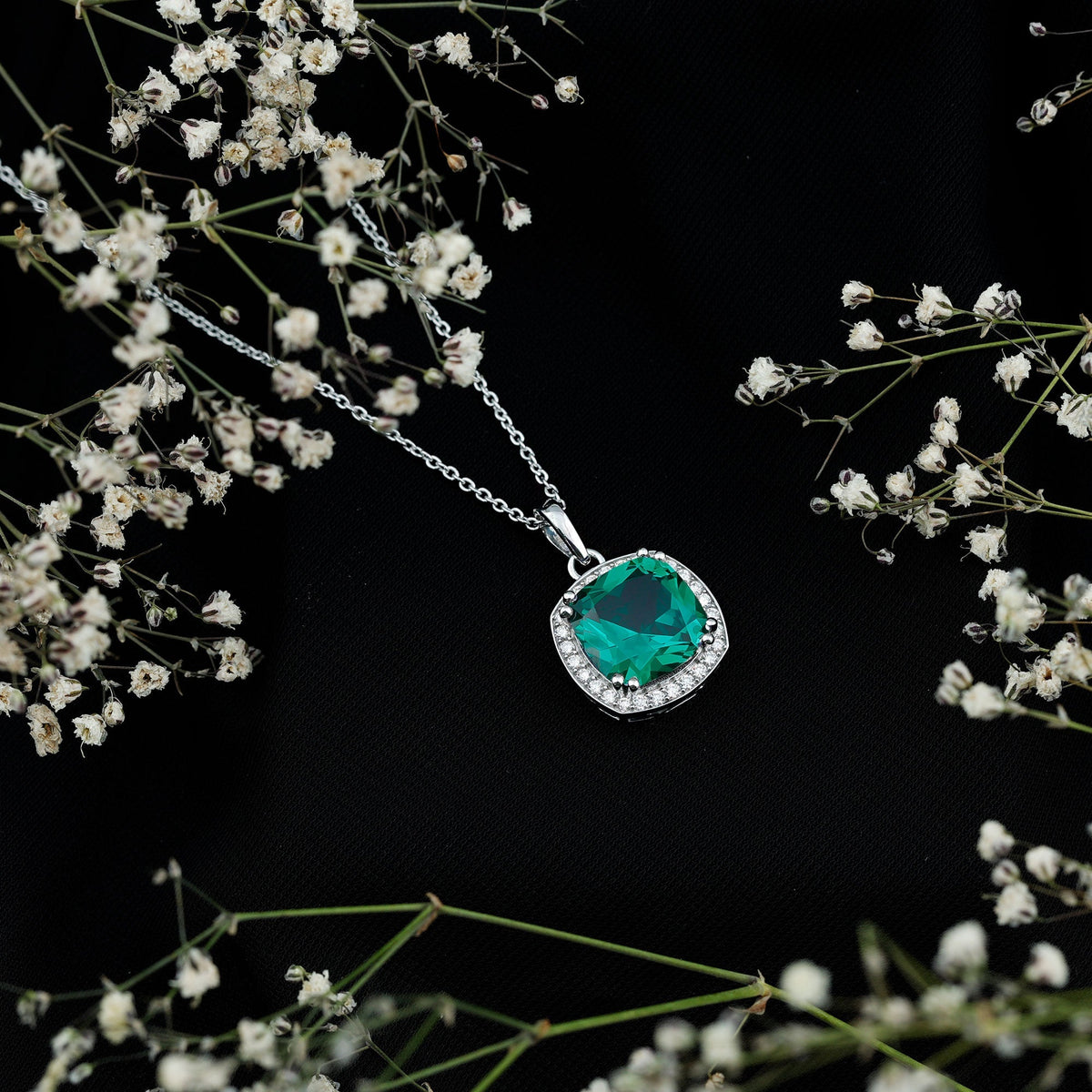 Lab Grown Emerald Necklace – Cushion Cut Pendant with Moissanite Halo in White Gold