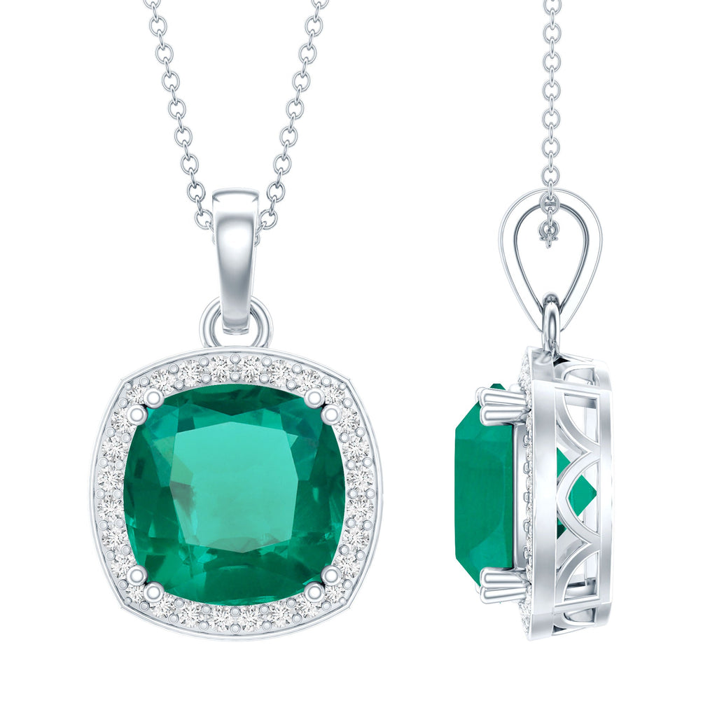 Lab Grown Emerald Necklace – Cushion Cut Pendant with Moissanite Halo in White Gold