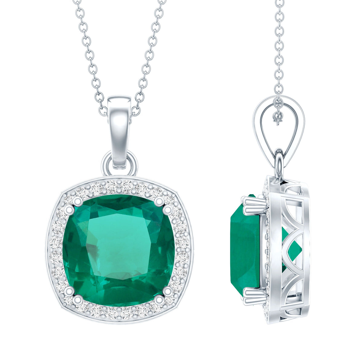 Lab Grown Emerald Necklace – Cushion Cut Pendant with Moissanite Halo in White Gold
