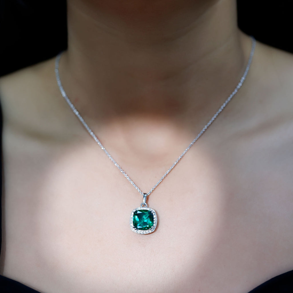 Lab Grown Emerald Necklace – Cushion Cut Pendant with Moissanite Halo in White Gold