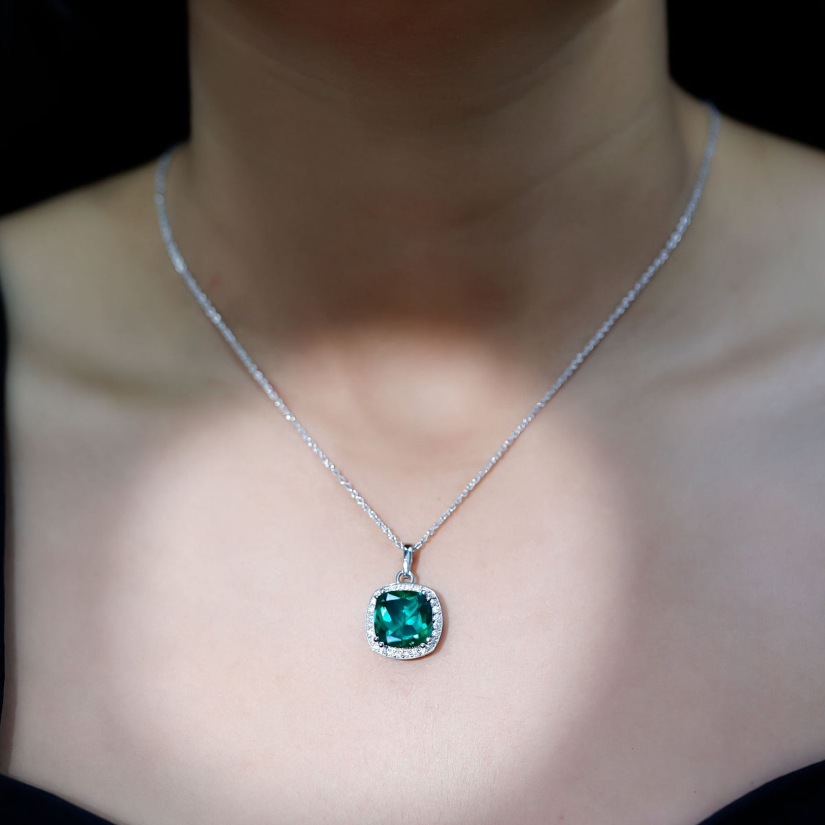 Lab Grown Emerald Necklace – Cushion Cut Pendant with Moissanite Halo in White Gold