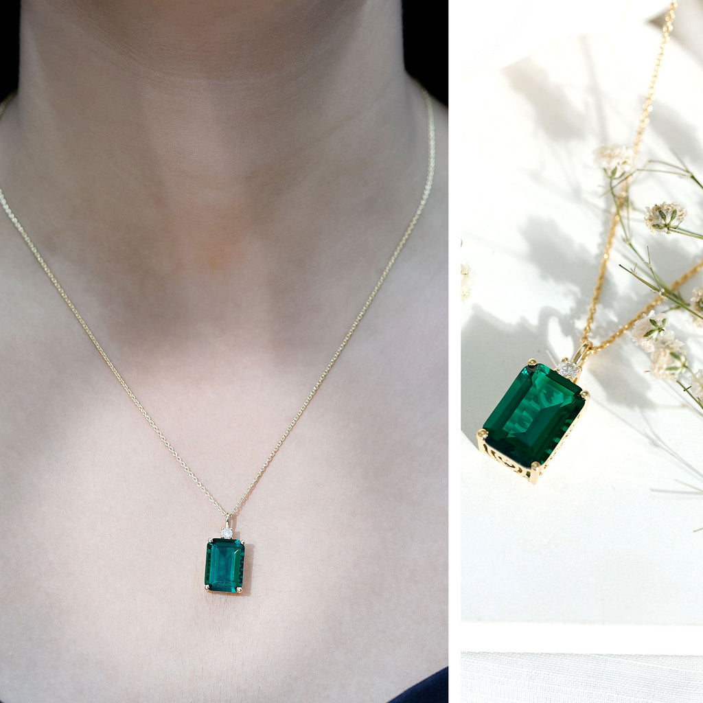 Lab Grown Emerald Necklace – Emerald Cut Solitaire Pendant With Diamond Accent