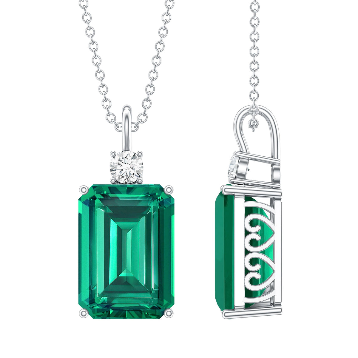 Lab Grown Emerald Necklace – Emerald Cut Solitaire Pendant With Diamond Accent