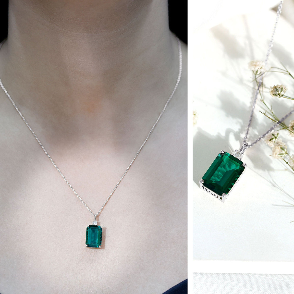Lab Grown Emerald Necklace – Emerald Cut Solitaire Pendant With Diamond Accent