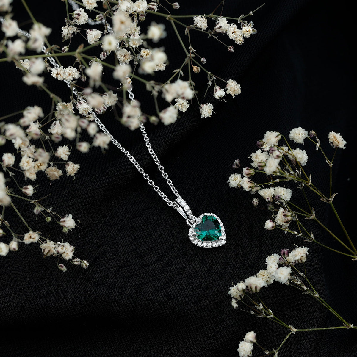 Lab Grown Emerald Necklace – Heart Shape Pendant with Moissanite Halo in 14K White Gold Jewelry