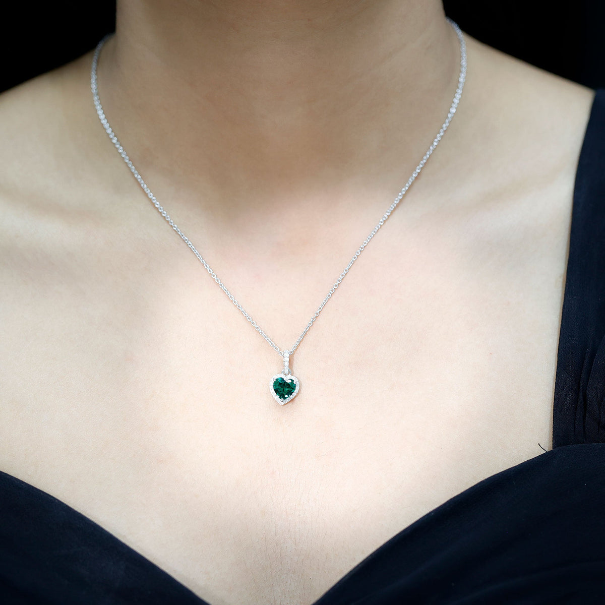 Lab Grown Emerald Necklace – Heart Shape Pendant with Moissanite Halo in 14K White Gold Jewelry
