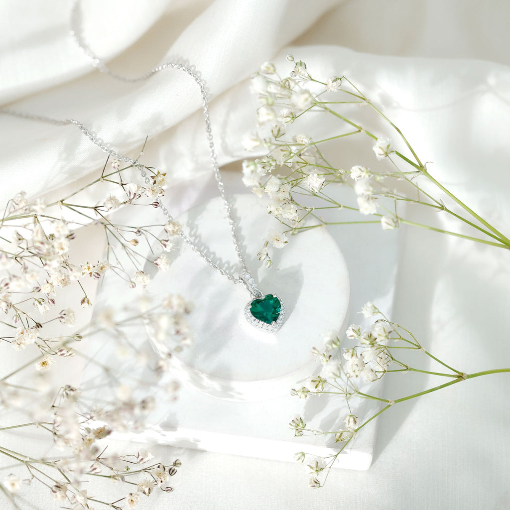 Lab Grown Emerald Necklace – Heart Shape Pendant with Moissanite Halo in 14K White Gold Jewelry