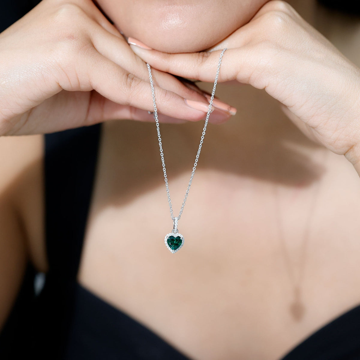 Lab Grown Emerald Necklace – Heart Shape Pendant with Moissanite Halo in 14K White Gold Jewelry