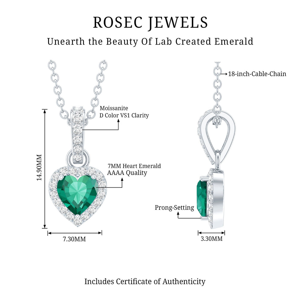 Lab Grown Emerald Necklace – Heart Shape Pendant with Moissanite Halo in 14K White Gold Jewelry