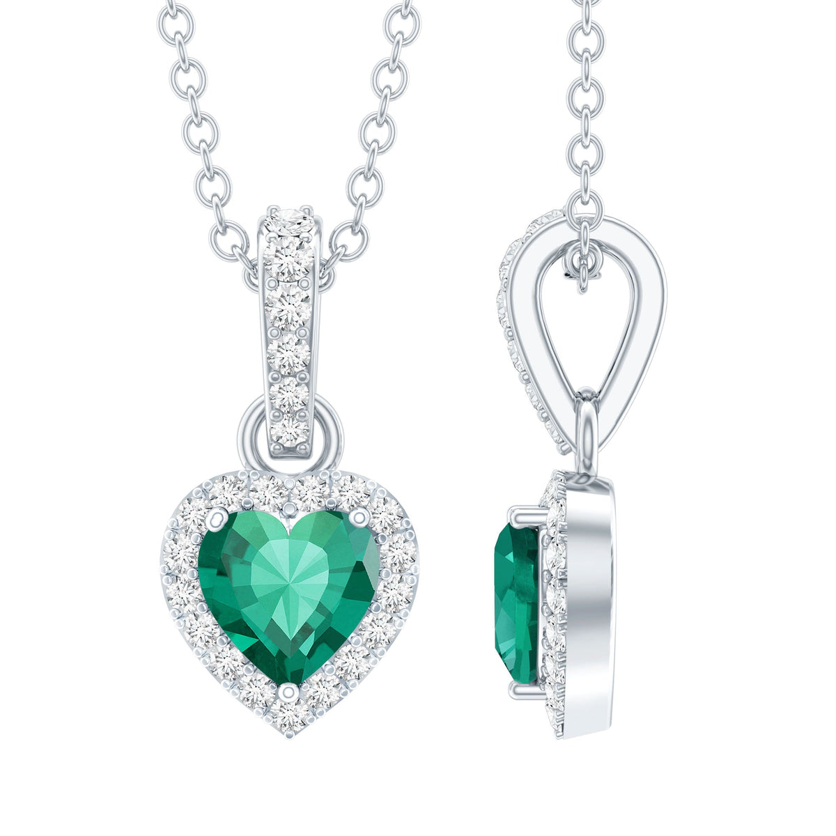 Lab Grown Emerald Necklace – Heart Shape Pendant with Moissanite Halo in 14K White Gold Jewelry