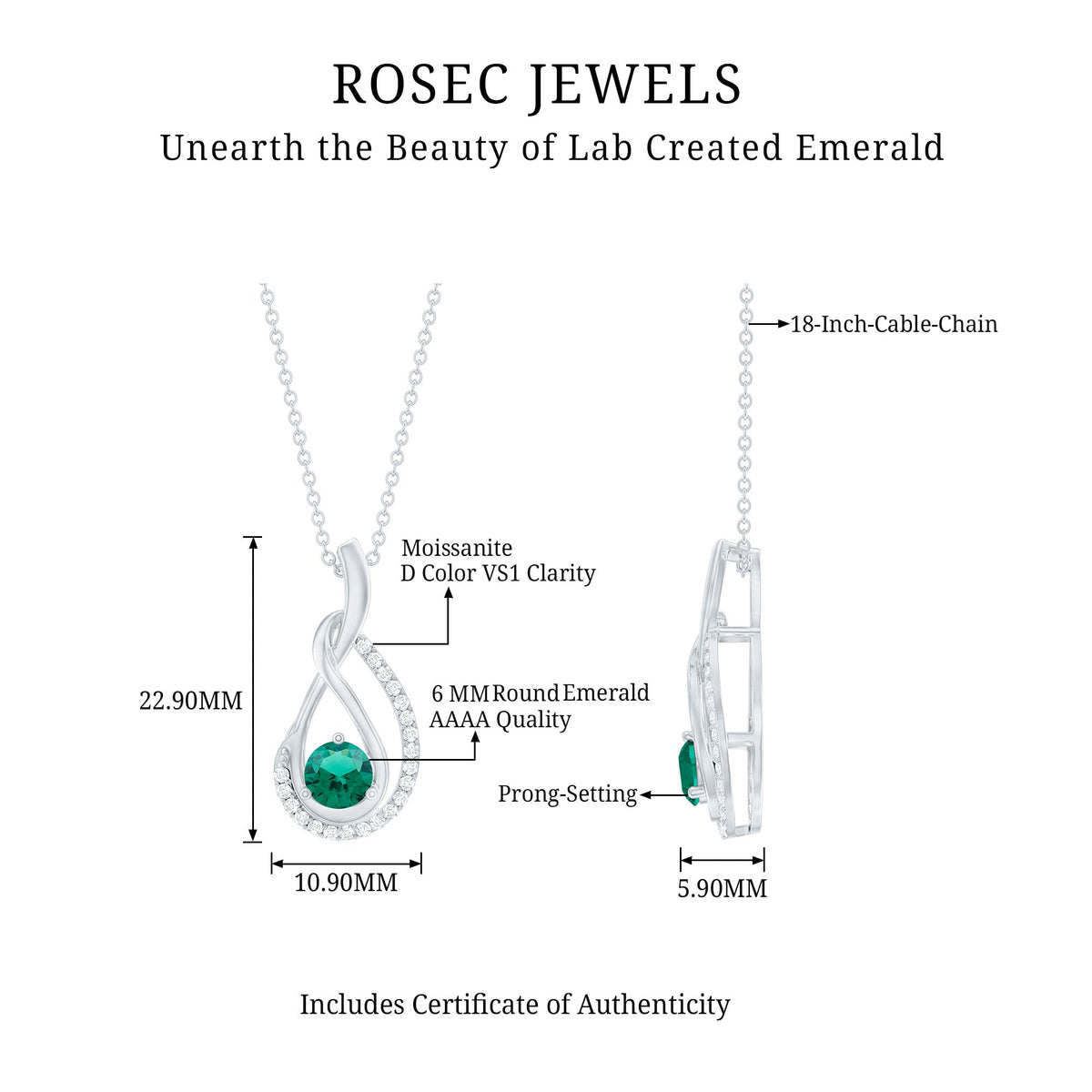 Lab Grown Emerald Necklace - Moissanite Teardrop Pendant | Silver Infinity Design