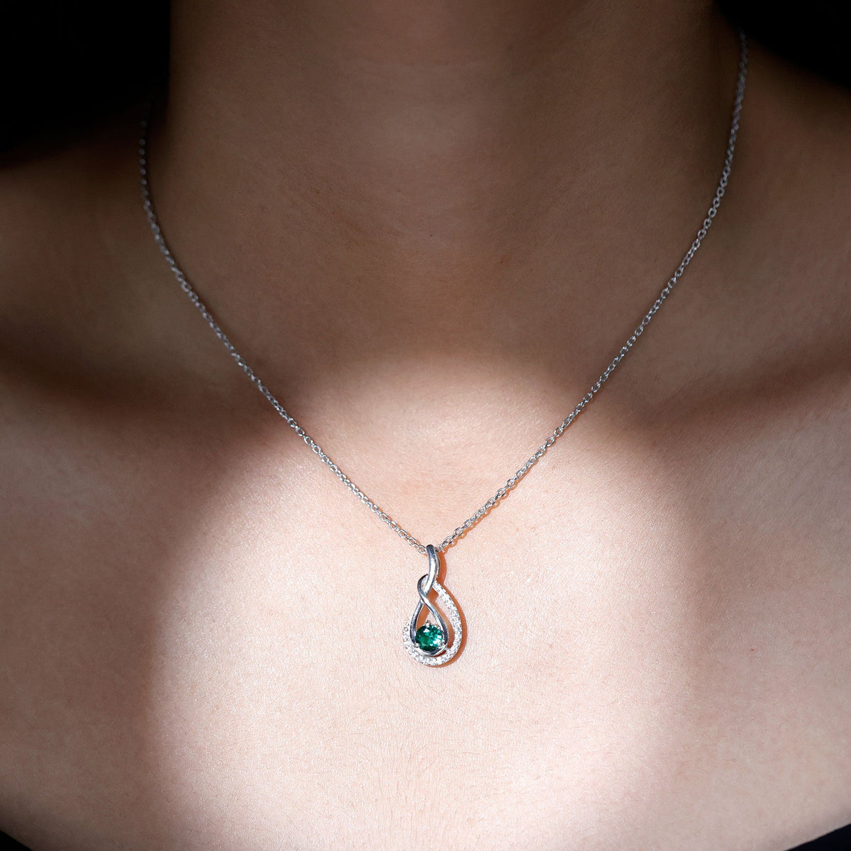 Lab Grown Emerald Necklace - Moissanite Teardrop Pendant | Silver Infinity Design