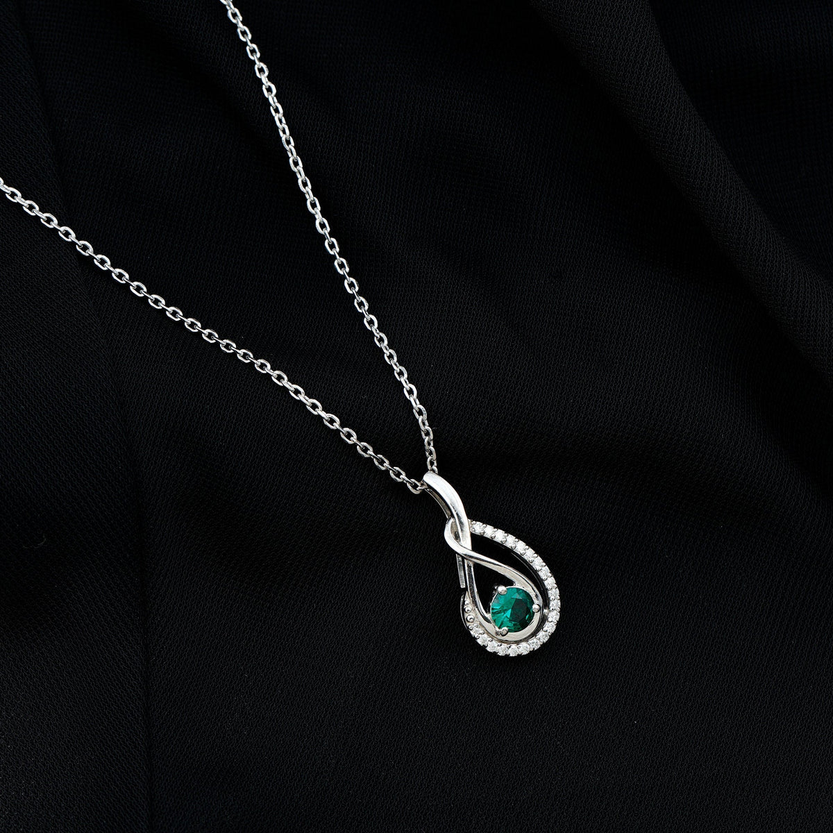 Lab Grown Emerald Necklace - Moissanite Teardrop Pendant | Silver Infinity Design