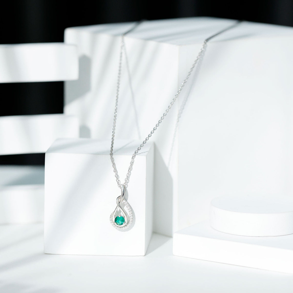 Lab Grown Emerald Necklace - Moissanite Teardrop Pendant | Silver Infinity Design