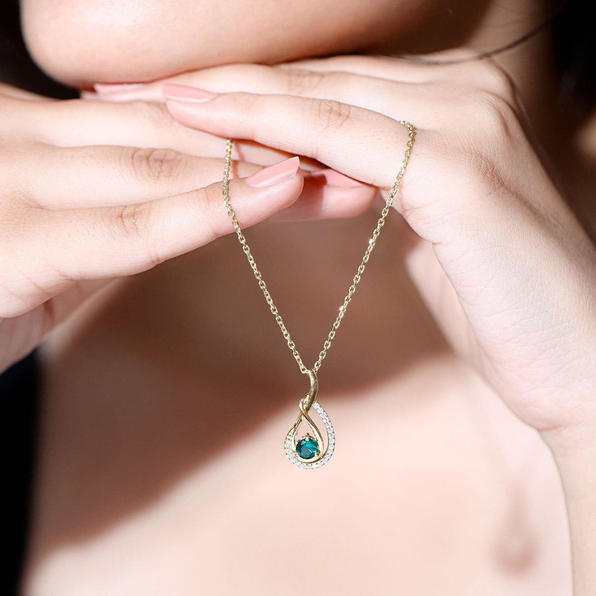 Lab Grown Emerald Necklace - Moissanite Teardrop Pendant | Silver Infinity Design