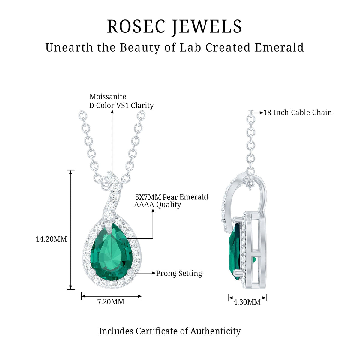 Lab Grown Emerald Necklace - Pear Shaped Teardrop Pendant with Moissanite Stones