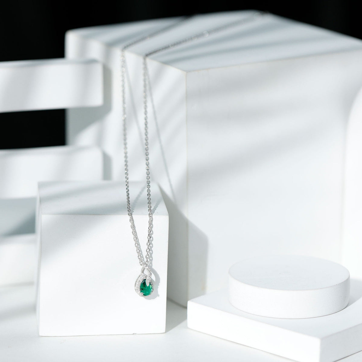 Lab Grown Emerald Necklace - Pear Shaped Teardrop Pendant with Moissanite Stones