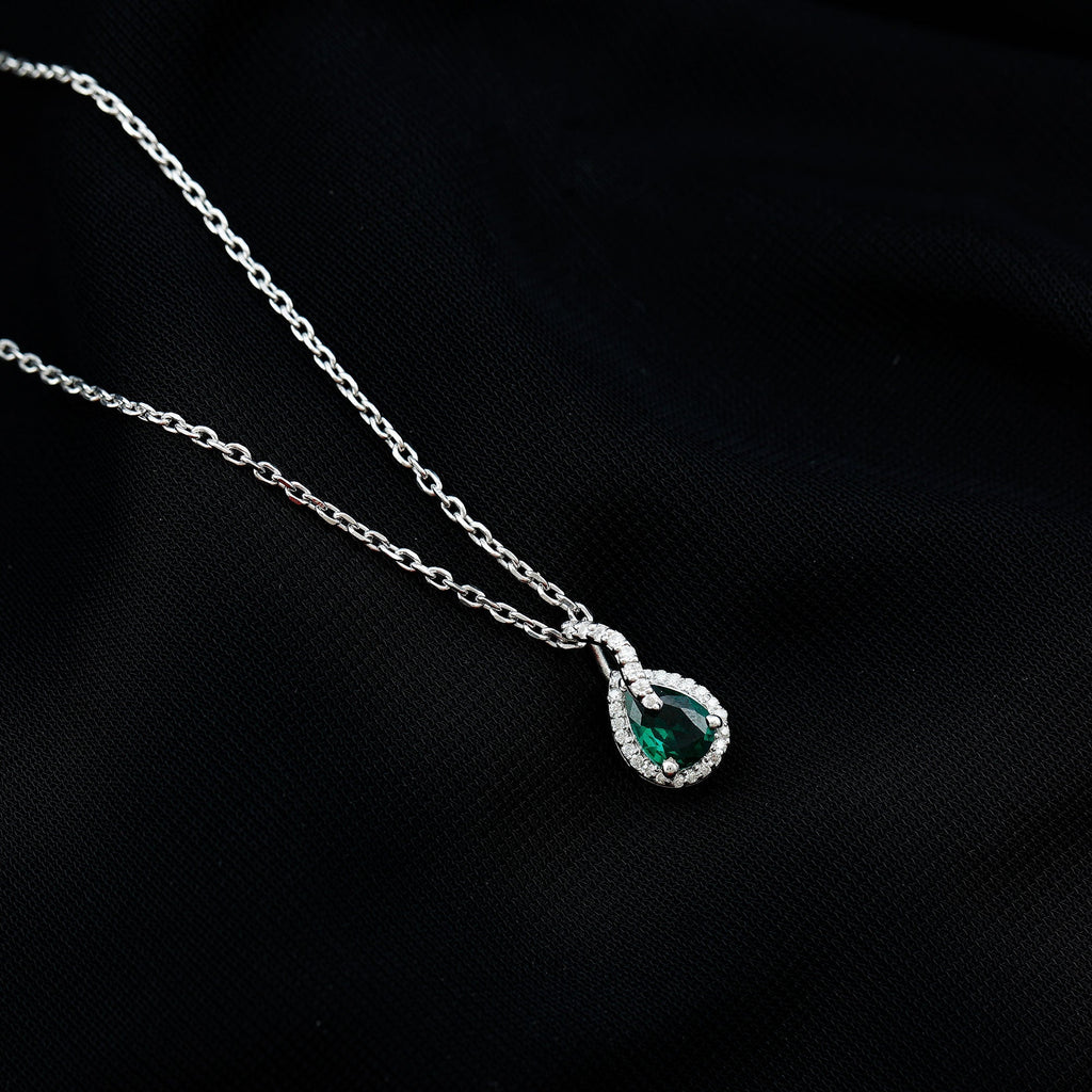 Lab Grown Emerald Necklace - Pear Shaped Teardrop Pendant with Moissanite Stones